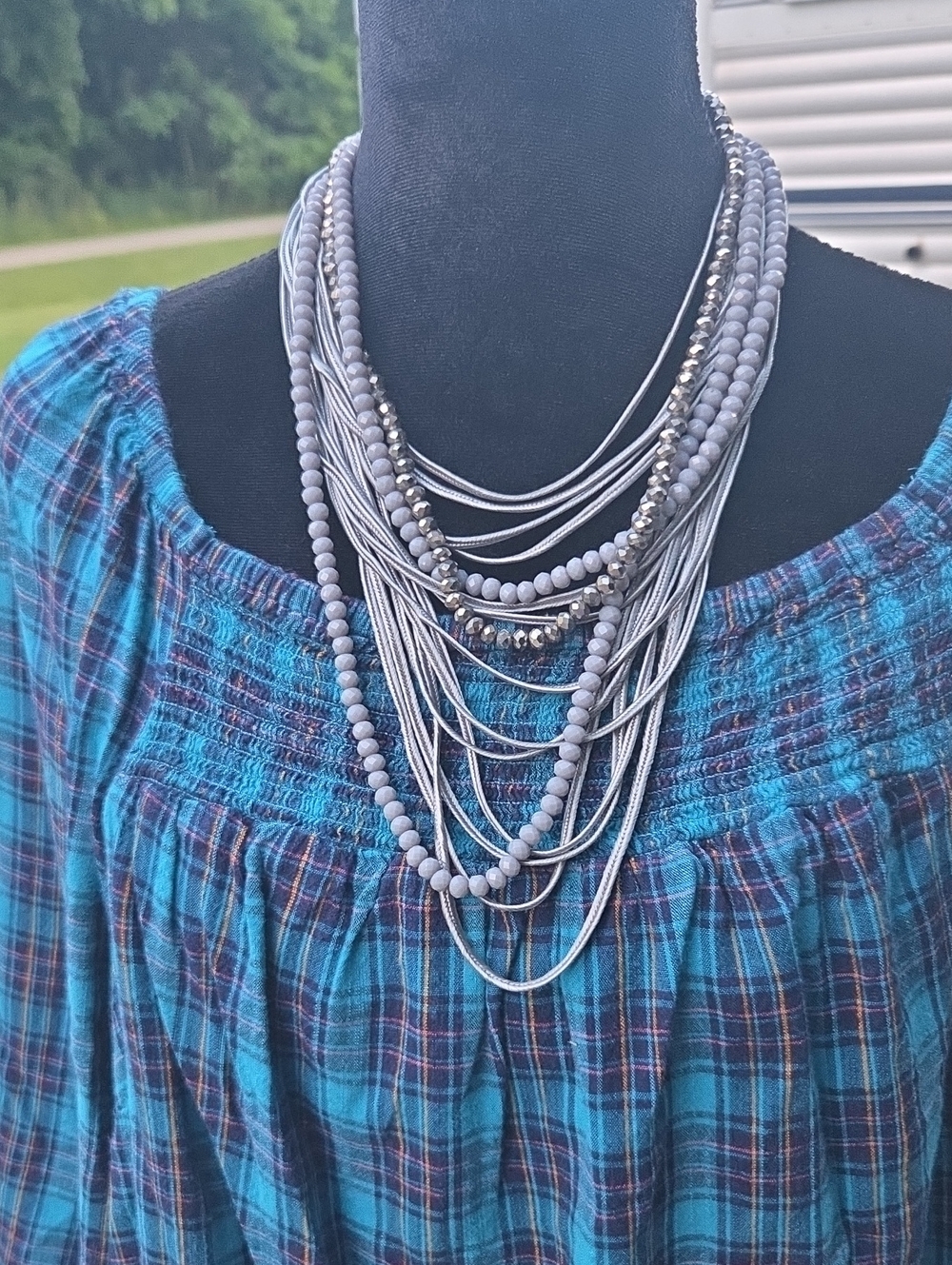 Layered Mixed Media Beaded Waterfall Statement Necklace Gray